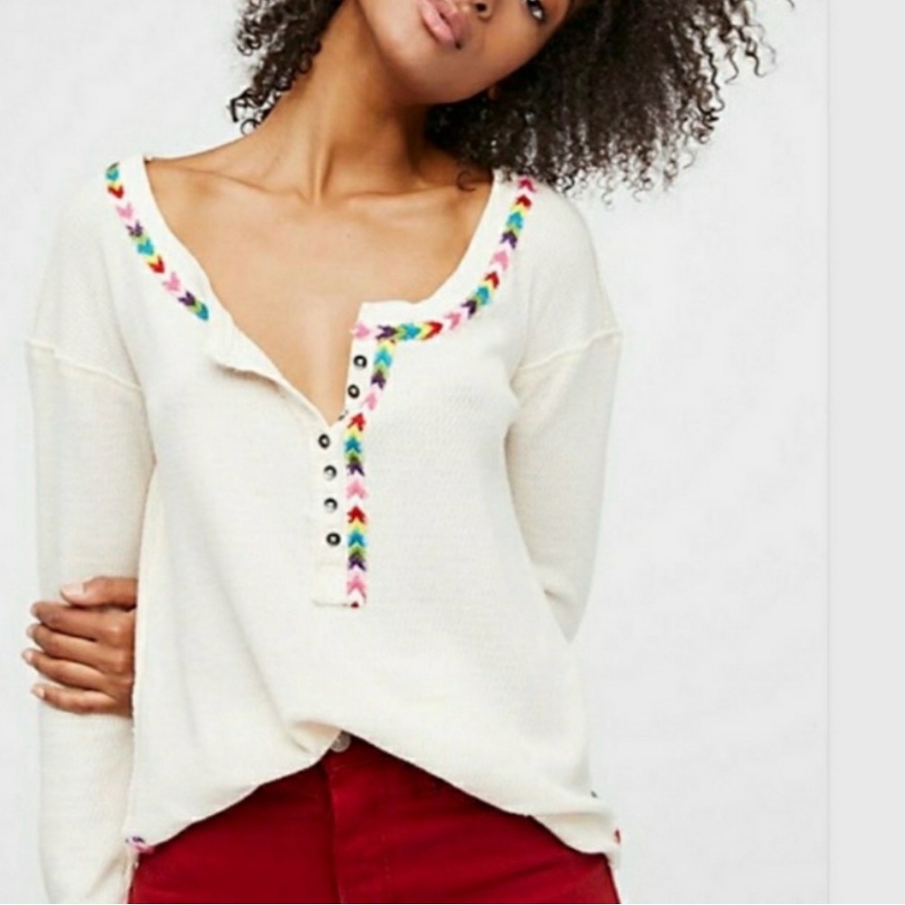 We the Free Embroidered Rainbow Thermal Long Sleeve Top